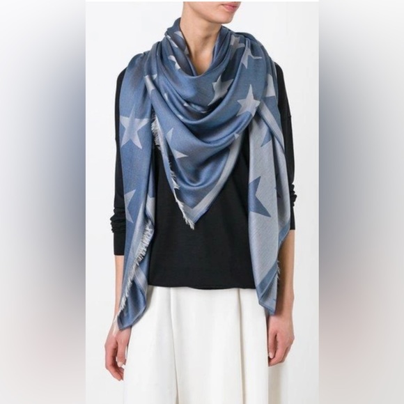 STELLA MCCARTNEY Blue Silk Scarf, Star ⭐️ Motif with Fringe Ends - Picture 7 of 14